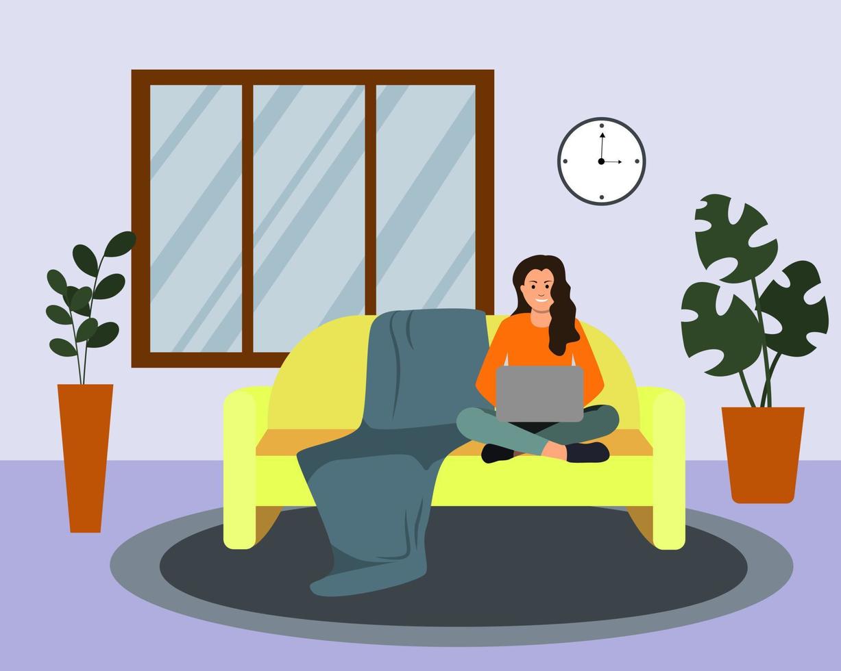 A smiling woman sitting on the couch with a laptop. A happy female freelancer working remotely in isolation. vector