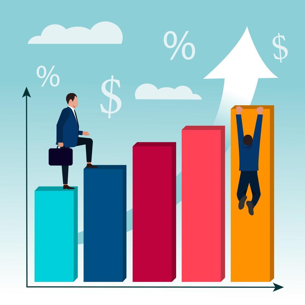 el hombre de negocios está a tiempo. gráfico de crecimiento de beneficios. una persona sube escalones de colores, un diagrama de flujo colorido con una flecha plana. estadísticas de crecimiento en el gráfico, un hombre con traje que sostiene una bolsa vector