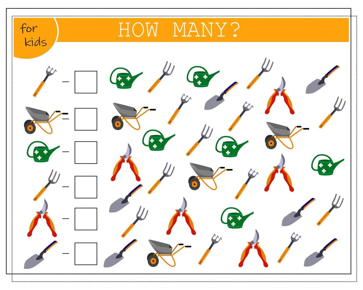 A math game for kids. Count the number of tools. Garden tools, shovel rake cart watering can vector