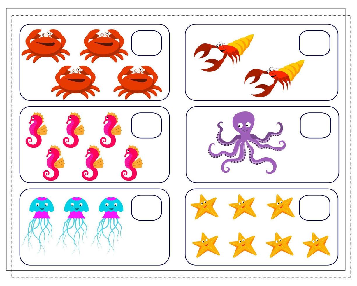 Math game for kids count how many of them there are. crab vector