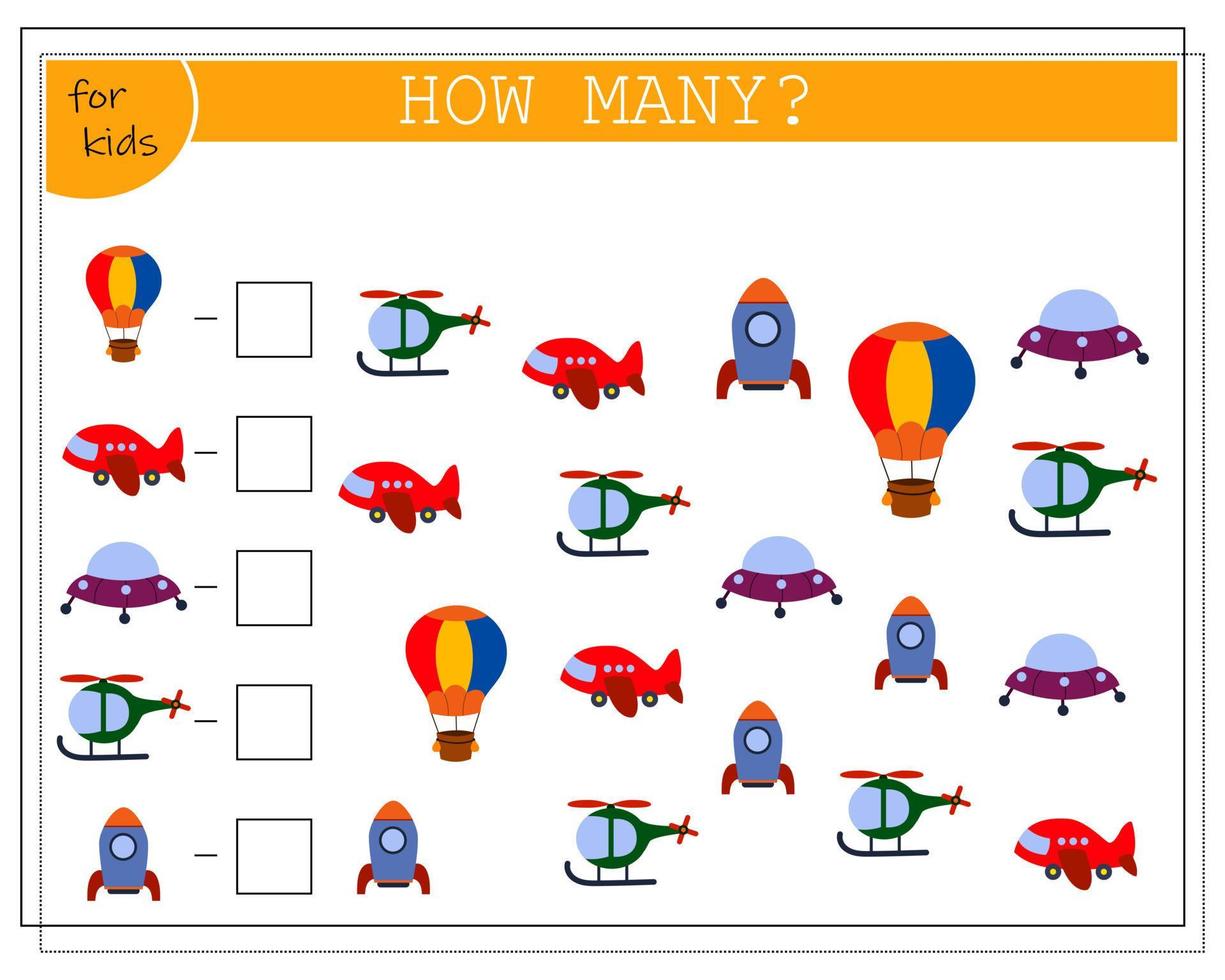Children's math game, count how many of them. children's toys vector
