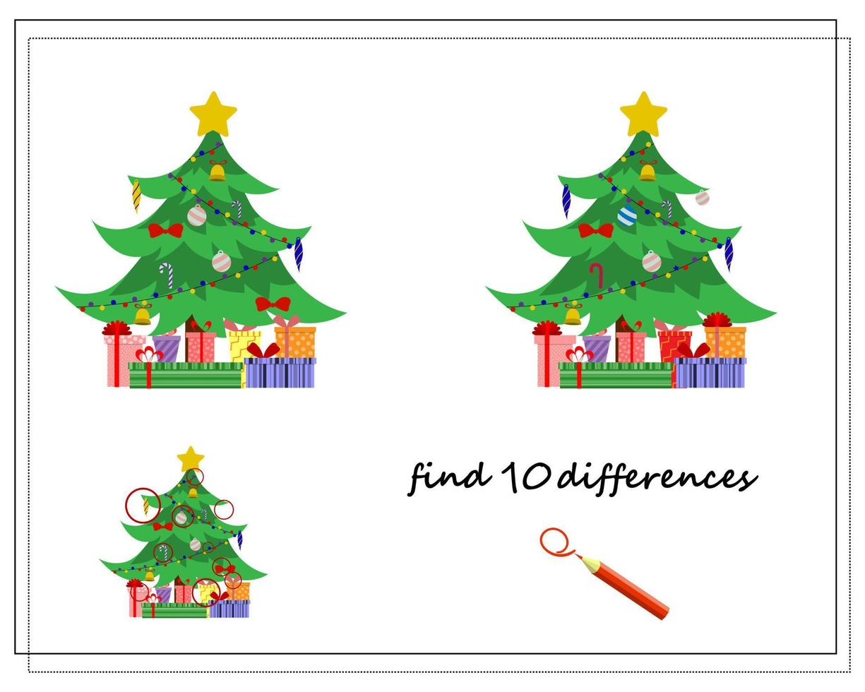 A logical game for children, find the differences. Christmas tree and gift boxes. vector