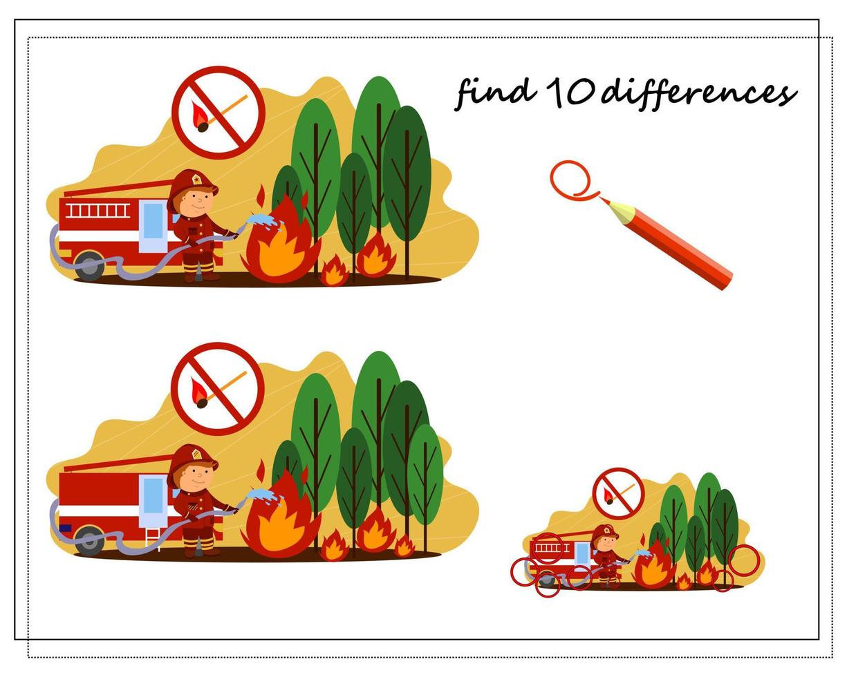 A logical game for children find the differences, a firefighter extinguishes a fire. vector