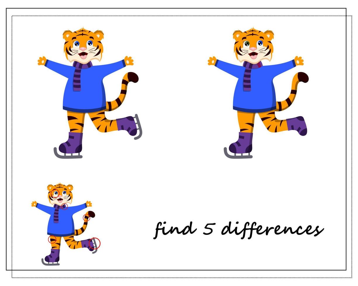 a game for children find the differences, winter, a tiger on skates vector