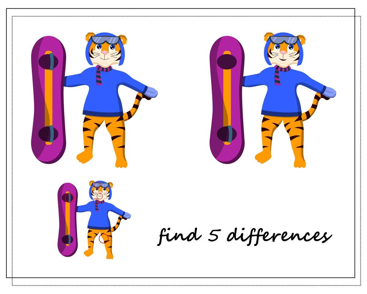 un juego para niños encuentra las diferencias, invierno, un tigre en una tabla de snowboard vector