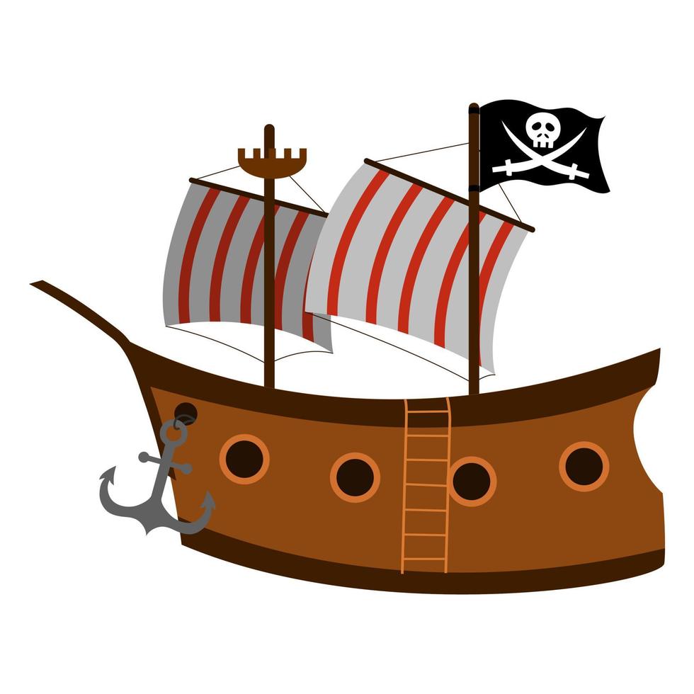 pirate ship with sails and pirate flag, vector