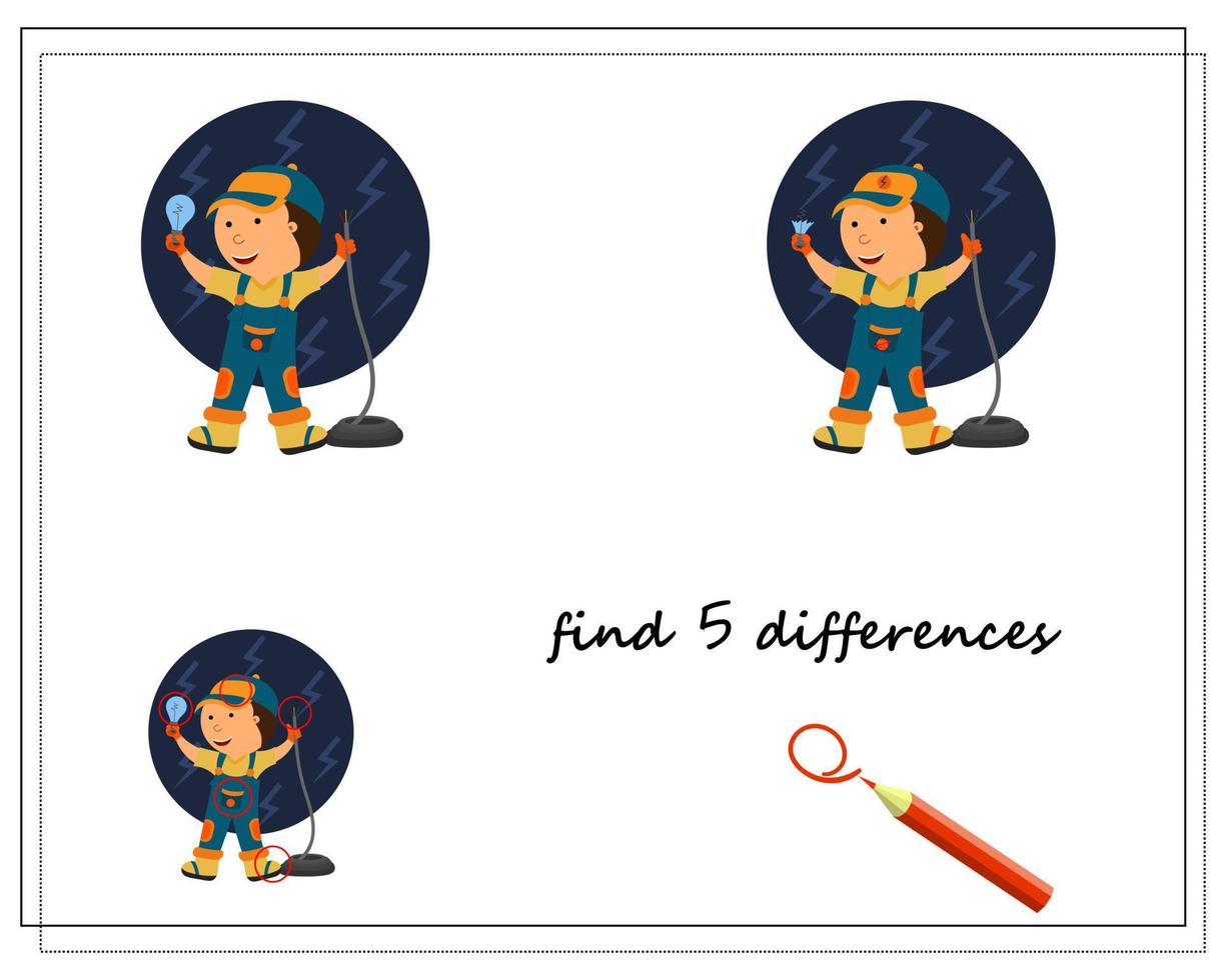 A logic game for kids find the differences, cartoon electrician. vector