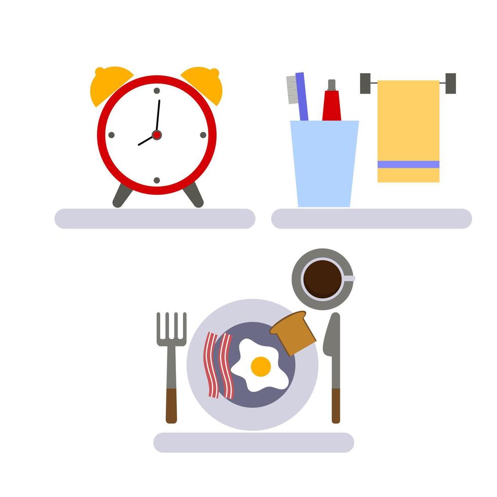 conjunto de la mañana. un reloj despertador, un estante en el baño con un cepillo de dientes, pasta de dientes y una toalla, un plato con desayuno. ilustración vectorial plana. vector