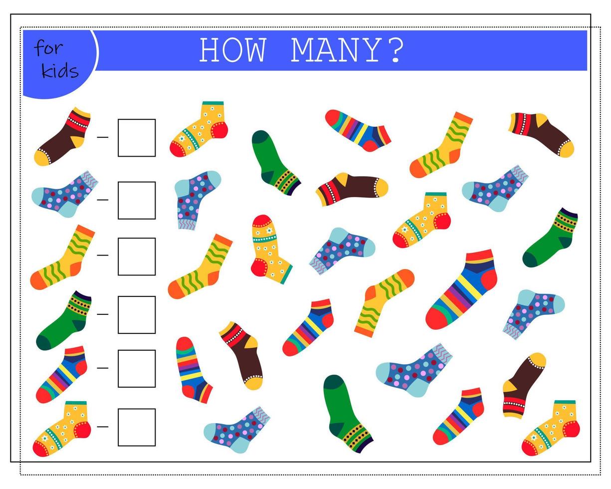 juego de matemáticas para niños. cuenta cuántos de ellos hay. calcetines multicolores con un patrón diferente vector
