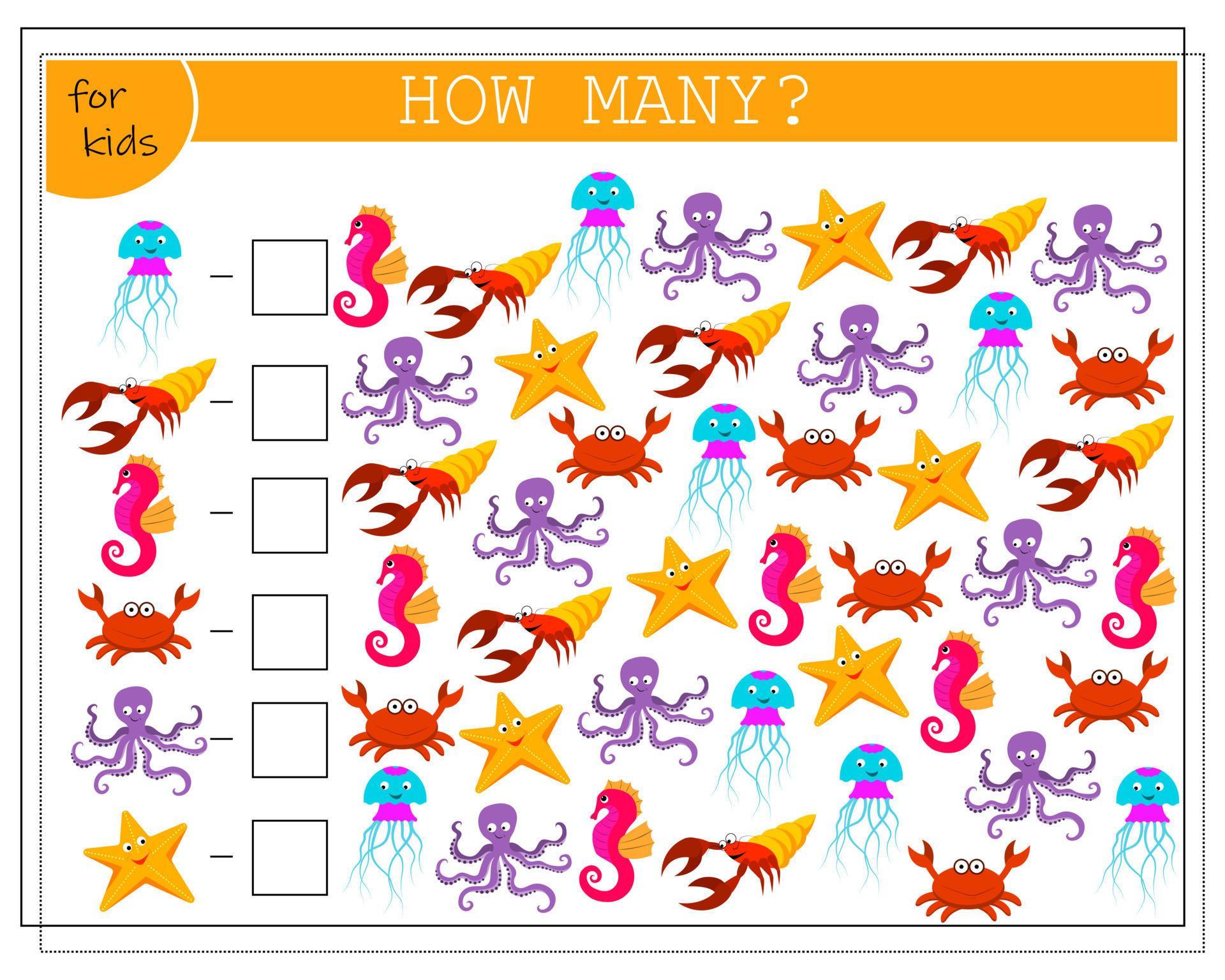 Math game for kids count how many of them there are. crabs, crayfish