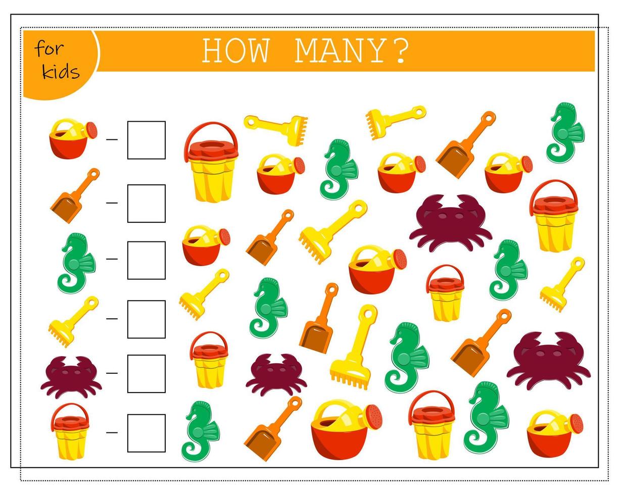 A math game for kids. Count the number of sand toys vector