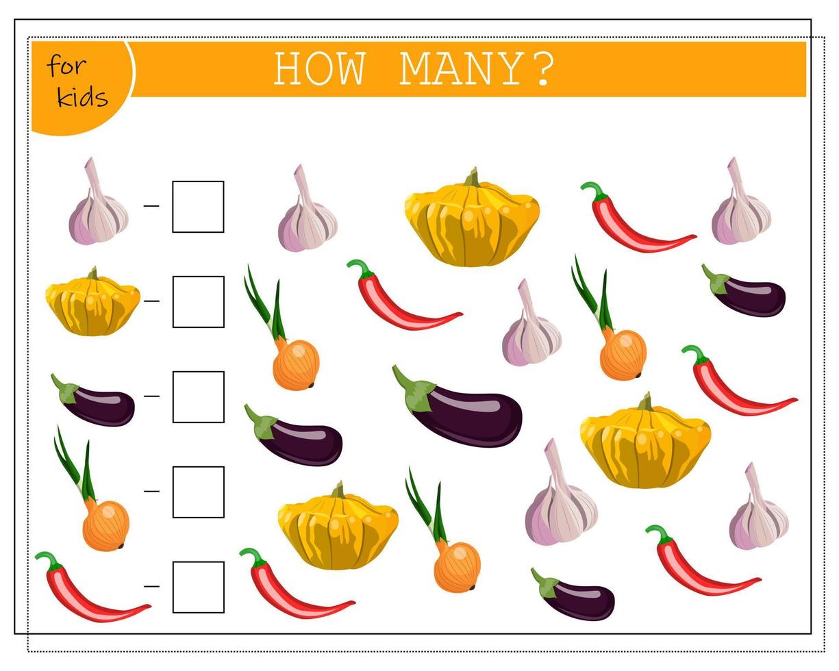 math game for kids, count how many items, vegetables. vector