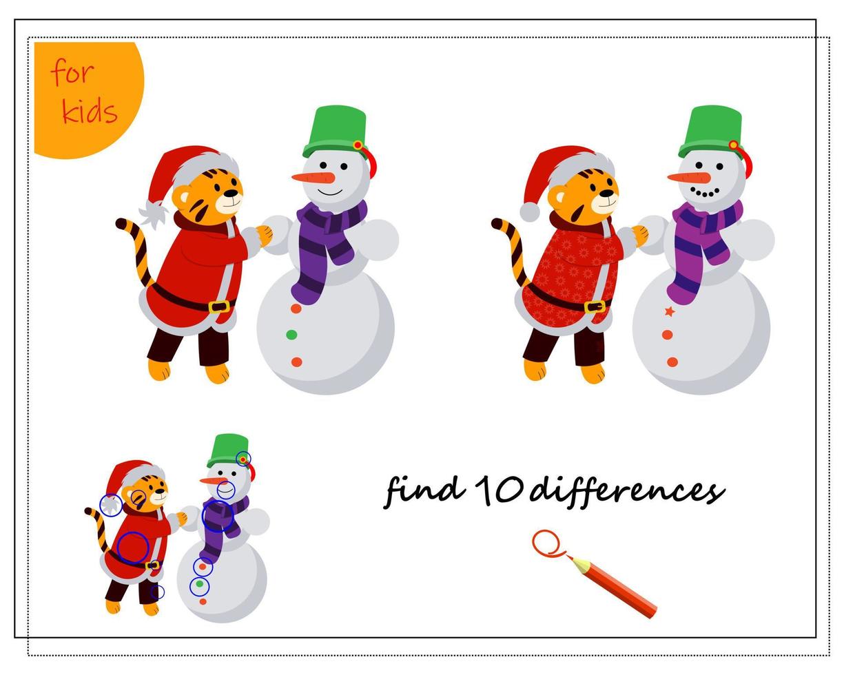 A logical game for children. Find the differences. A tiger in a Santa costume makes a snowman vector