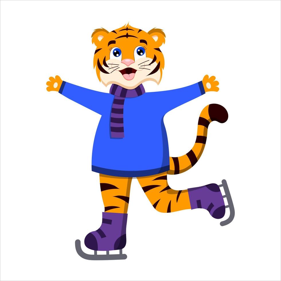 cartoon tiger skating, symbol of the year vector