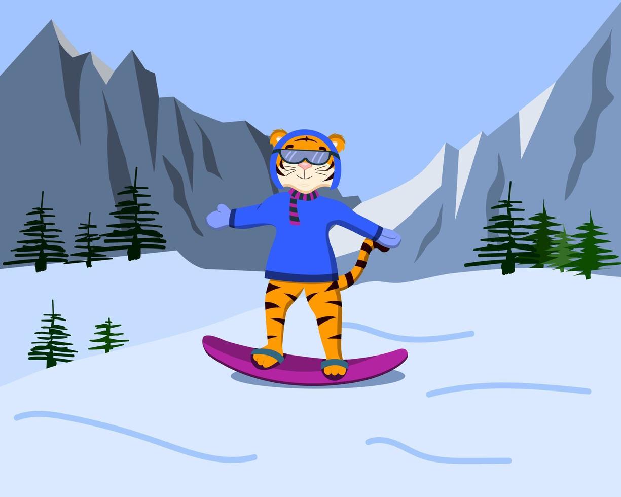 tigre de dibujos animados en una tabla de snowboard en las montañas vector