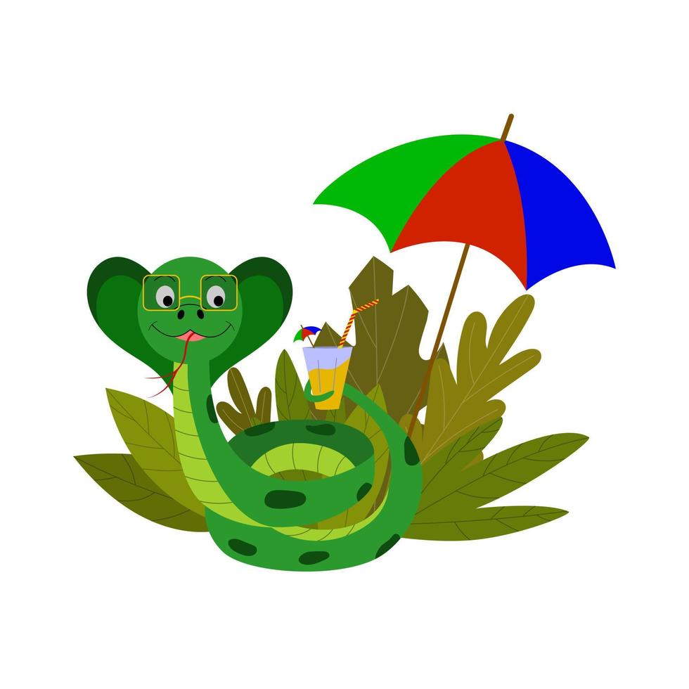 Cartoon vector illustration for children, a snake is resting in the thicket, a snake is drinking a cocktail.