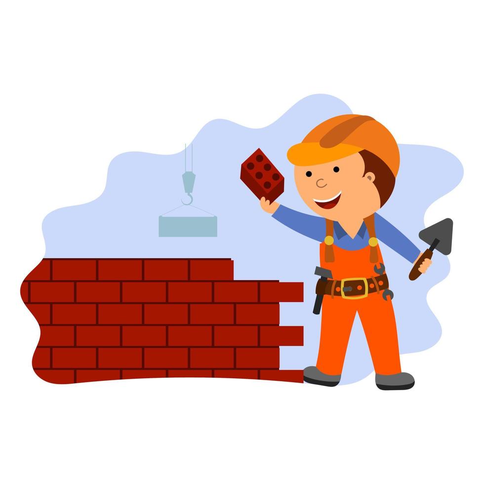 Illustration of a cute child in a helmet, a builder with a brick in his hands, vector