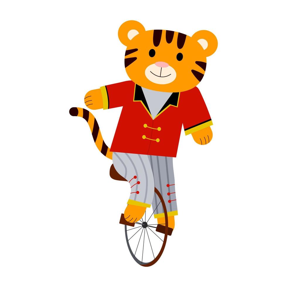 Cartoon vector illustration for children, tiger on a bicycle in a circus