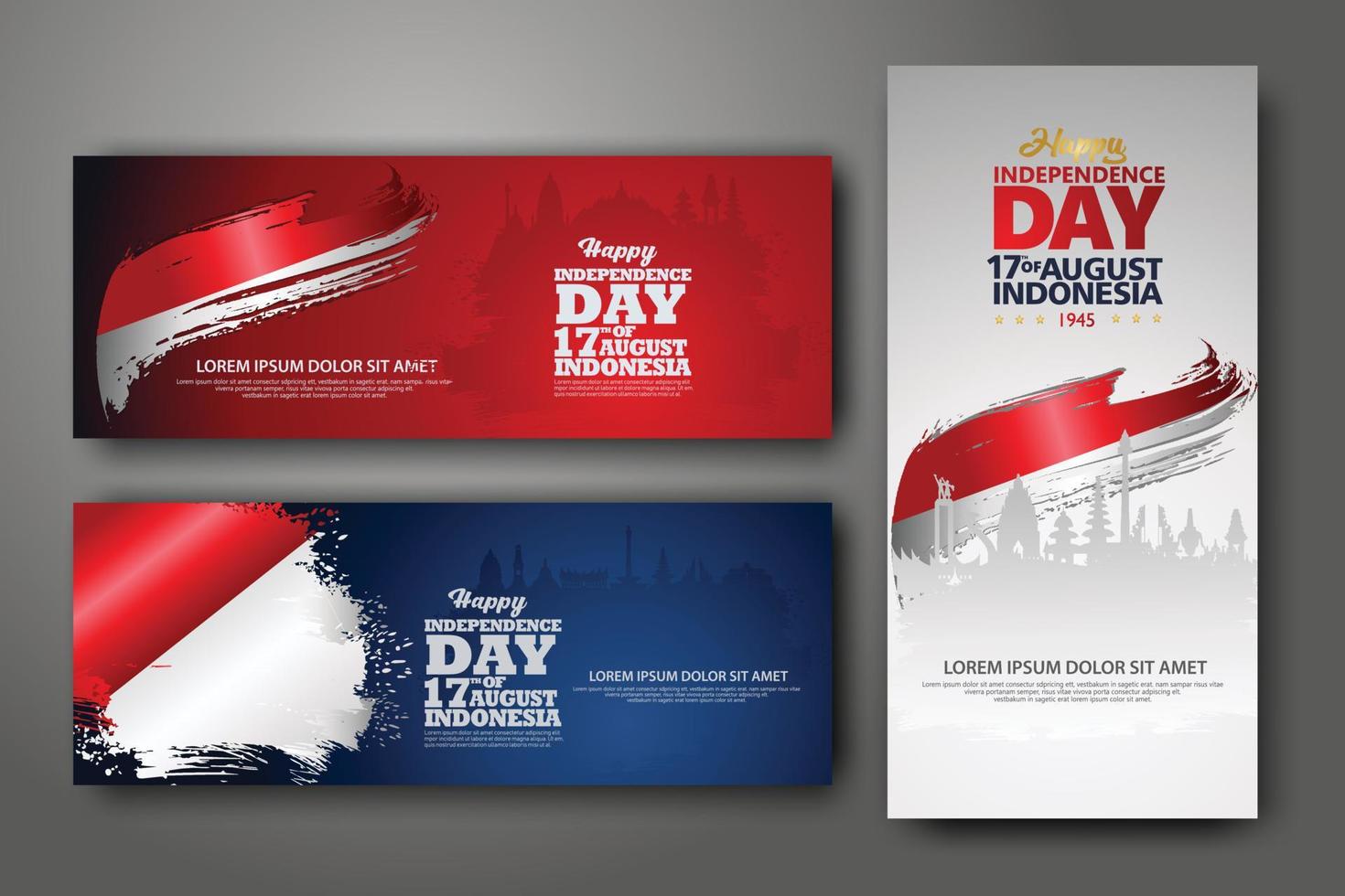 Indonesian Independence day celebration banner set. 17th of August felicitation greeting vector illustration. modern backgrounds with grunge style indonesian flag and silhouette icon city of indonesia