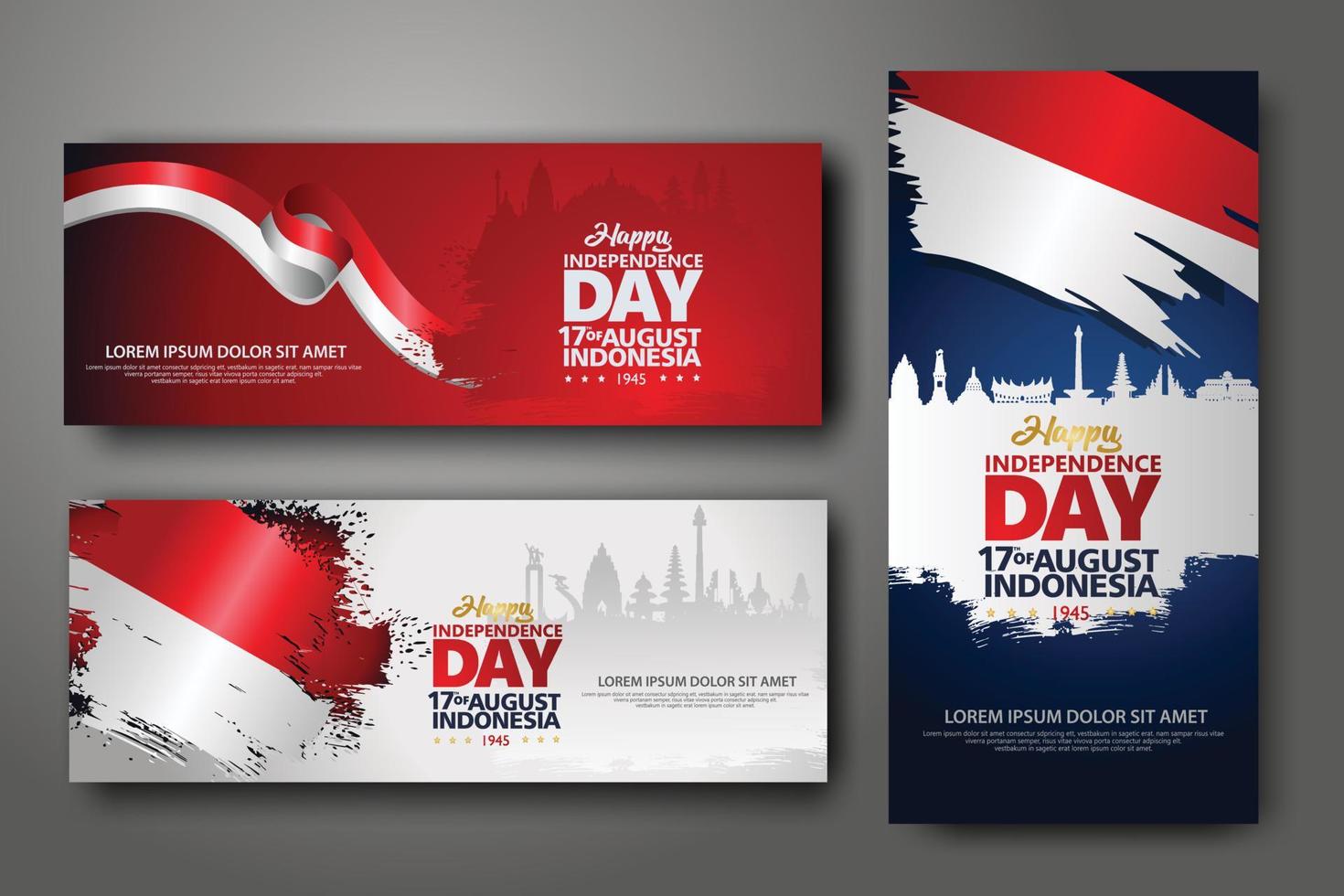 conjunto de banners de celebración del día de la independencia de indonesia. 17 de agosto ilustración de vector de saludo de felicitación. fondos modernos con bandera indonesia de estilo grunge e icono de silueta ciudad de indonesia