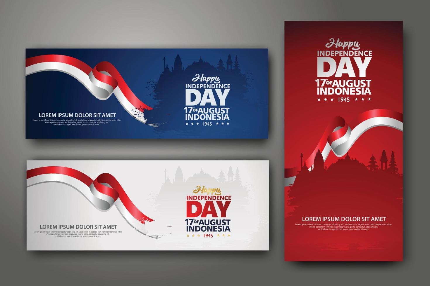 conjunto de banners de celebración del día de la independencia de indonesia. 17 de agosto ilustración de vector de saludo de felicitación. fondos modernos con bandera indonesia de estilo grunge e icono de silueta ciudad de indonesia