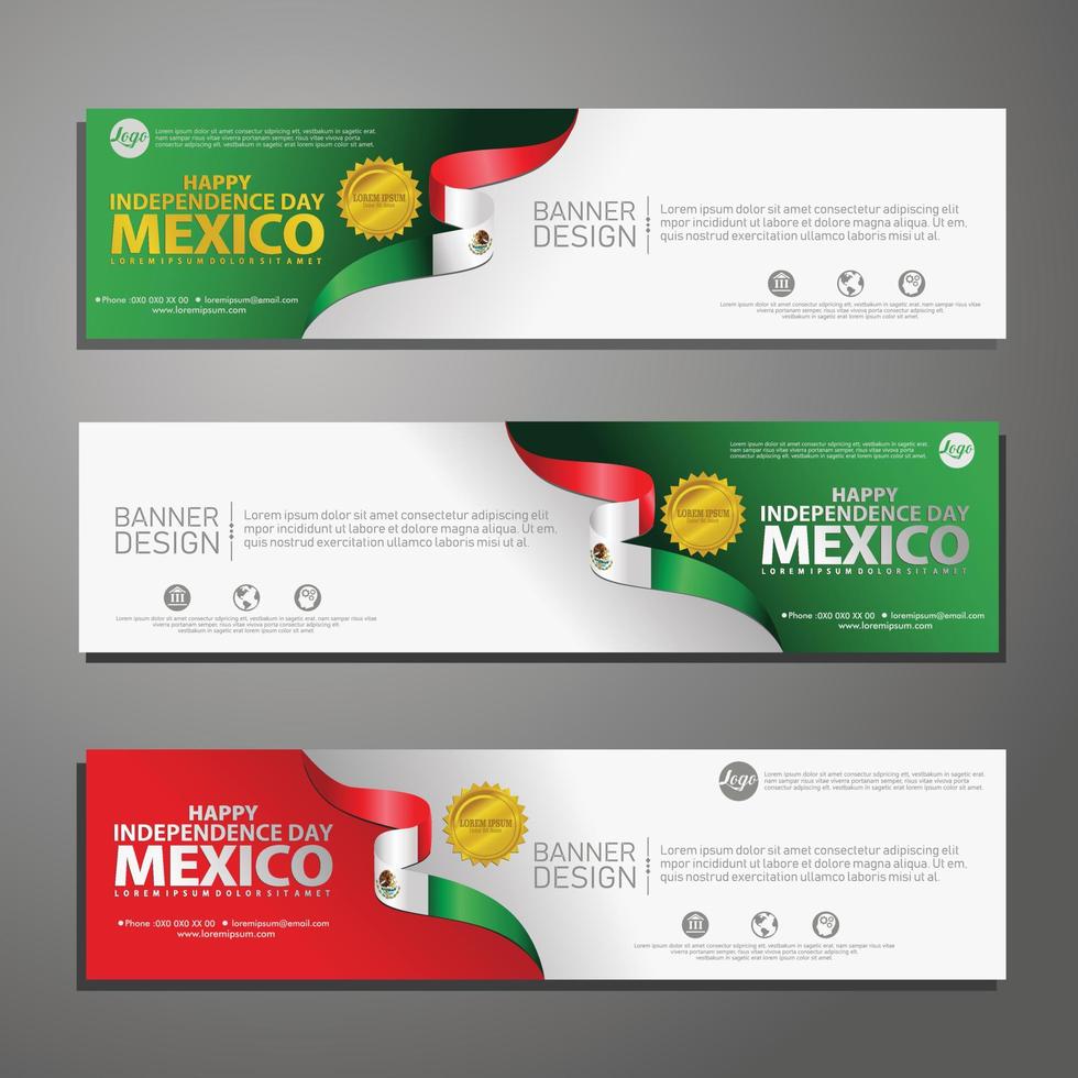 feliz día de la independencia de méxico banner y conjunto de fondo vector