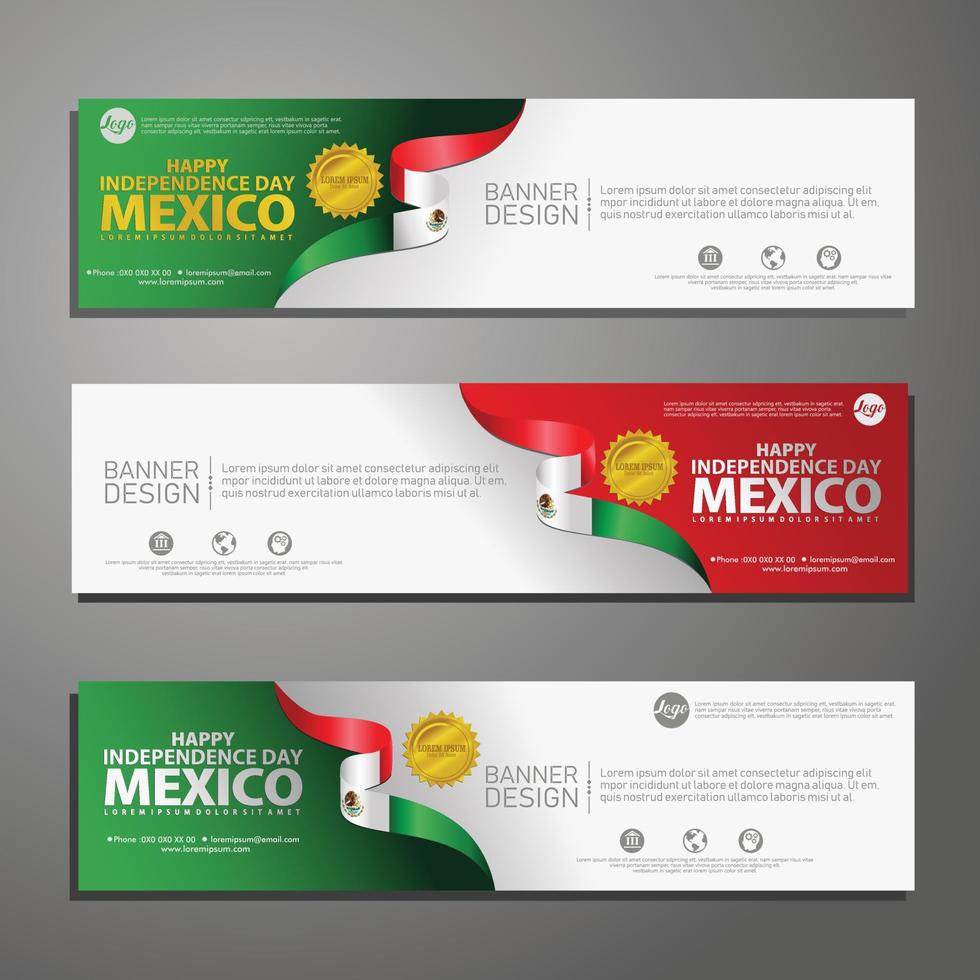 feliz día de la independencia de méxico banner y conjunto de fondo vector