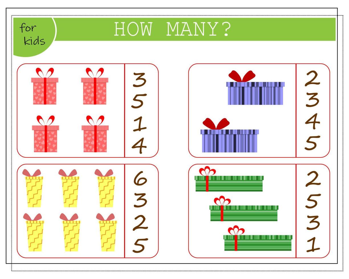A math game for children, count how many of them there are. Gift boxes vector