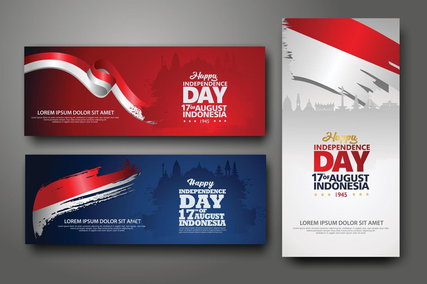 Indonesian Independence day celebration banner set. 17th of August felicitation greeting vector illustration. modern backgrounds with grunge style indonesian flag and silhouette icon city of indonesia