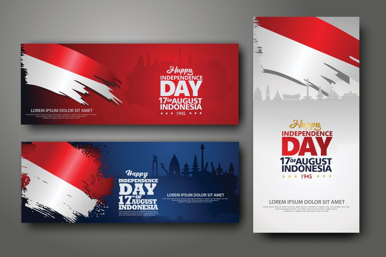 Indonesian Independence day celebration banner set. 17th of August felicitation greeting vector illustration. modern backgrounds with grunge style indonesian flag and silhouette icon city of indonesia