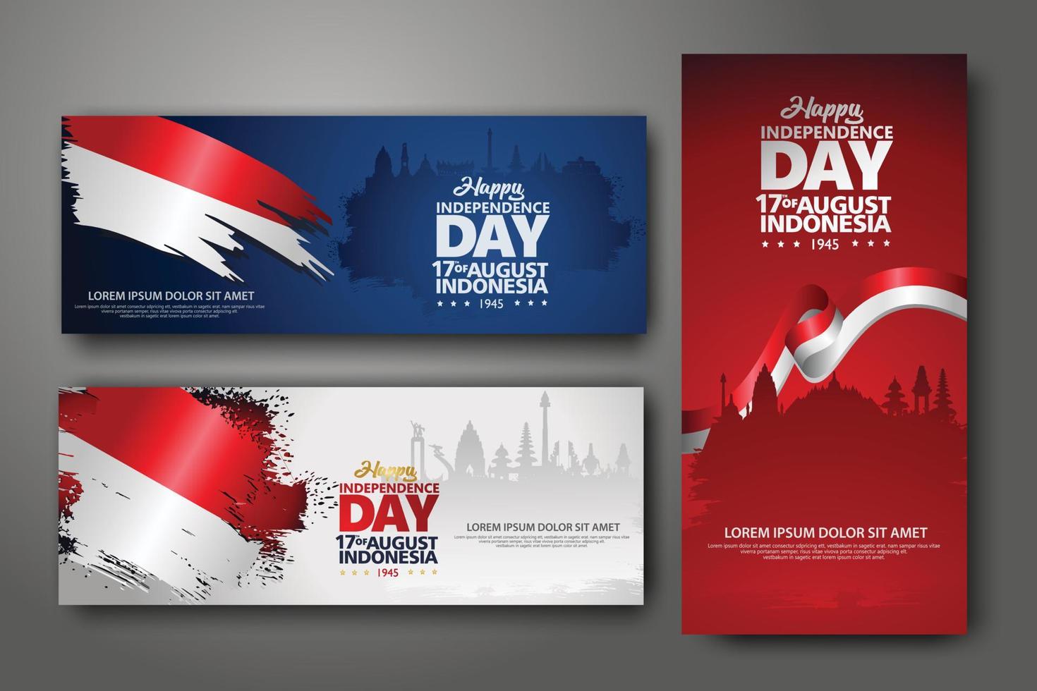 conjunto de banners de celebración del día de la independencia de indonesia. 17 de agosto ilustración de vector de saludo de felicitación. fondos modernos con bandera indonesia de estilo grunge e icono de silueta ciudad de indonesia