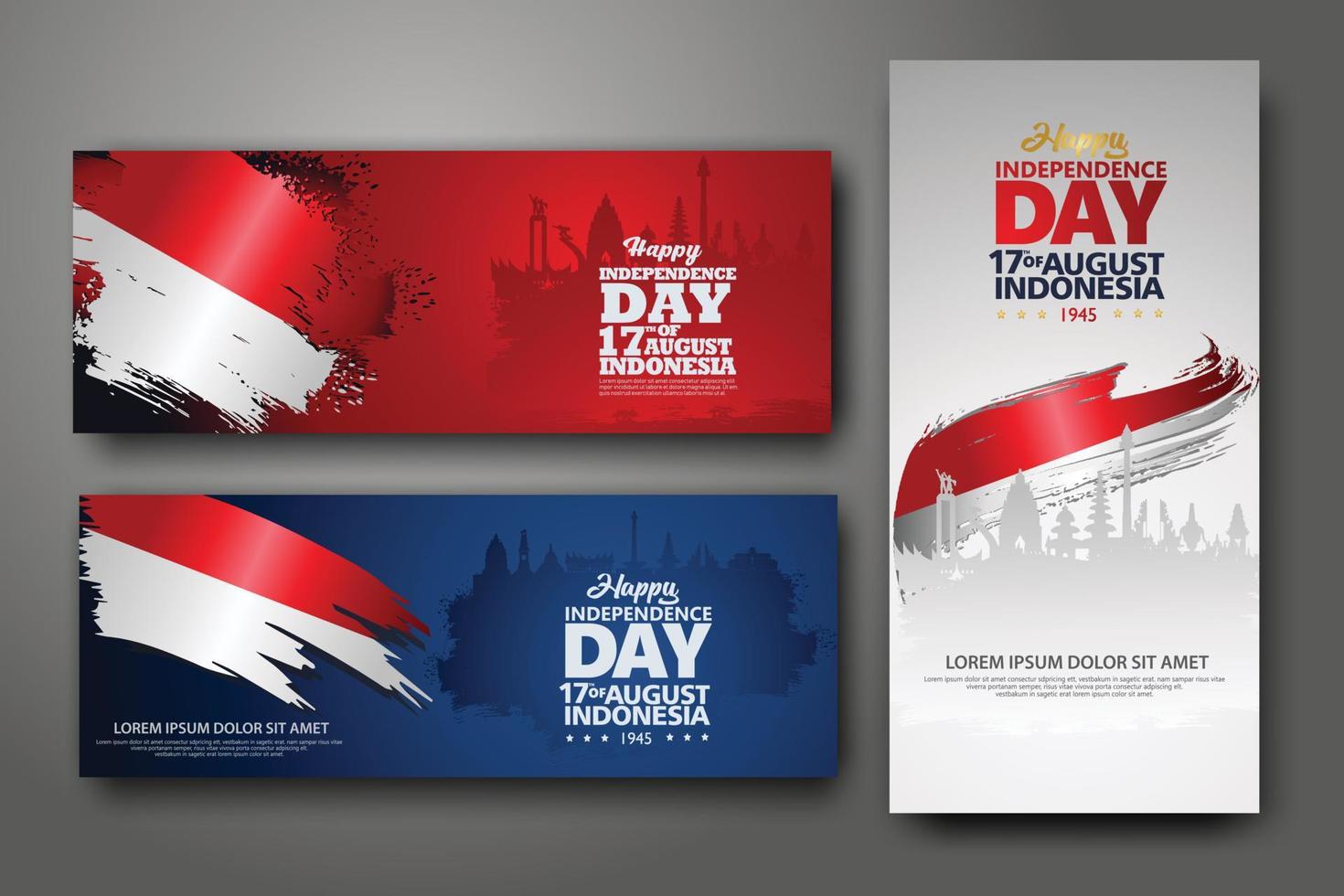 conjunto de banners de celebración del día de la independencia de indonesia. 17 de agosto ilustración de vector de saludo de felicitación. fondos modernos con bandera indonesia de estilo grunge e icono de silueta ciudad de indonesia