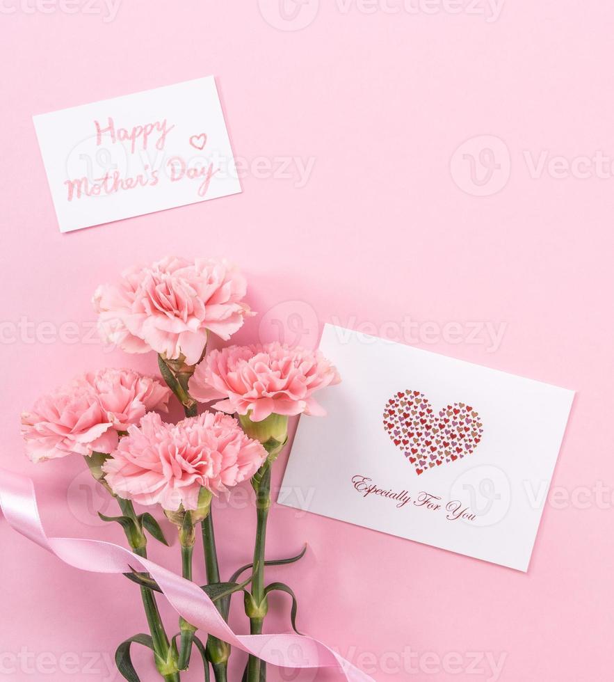 Beautiful fresh blooming baby pink color tender carnations isolated on bright pink background, mothers day thanks design concept,top view,flat lay,copy space,close up,mock up photo