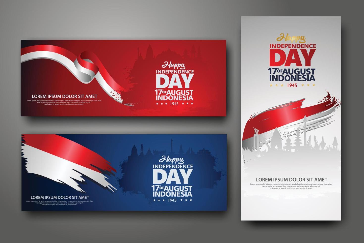 Indonesian Independence day celebration banner set. 17th of August felicitation greeting vector illustration. modern backgrounds with grunge style indonesian flag and silhouette icon city of indonesia