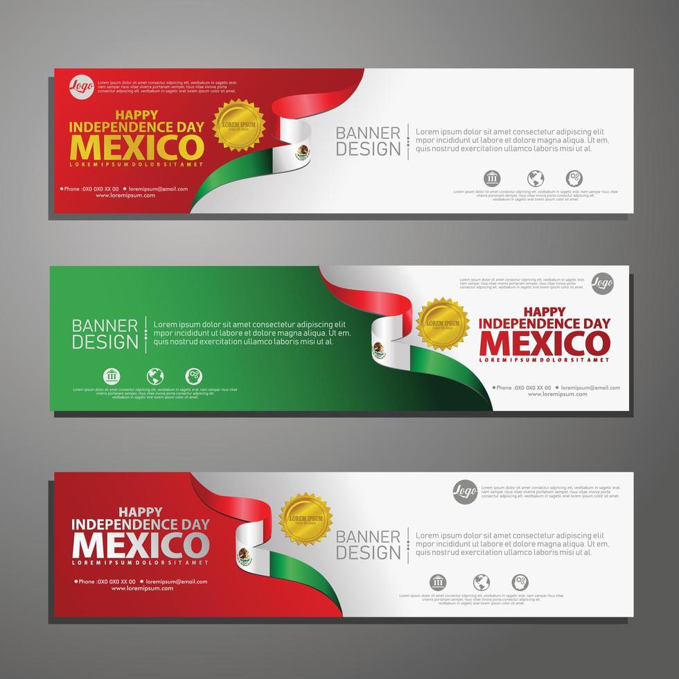 feliz día de la independencia de méxico banner y conjunto de fondo vector