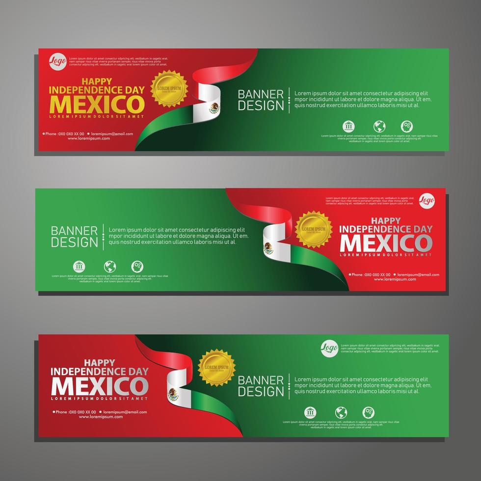 feliz día de la independencia de méxico banner y conjunto de fondo vector