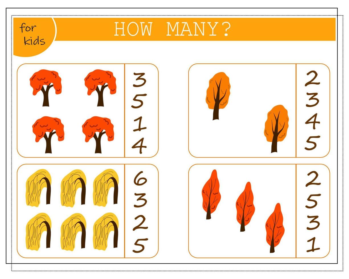 Math game for children, count how many autumn trees vector