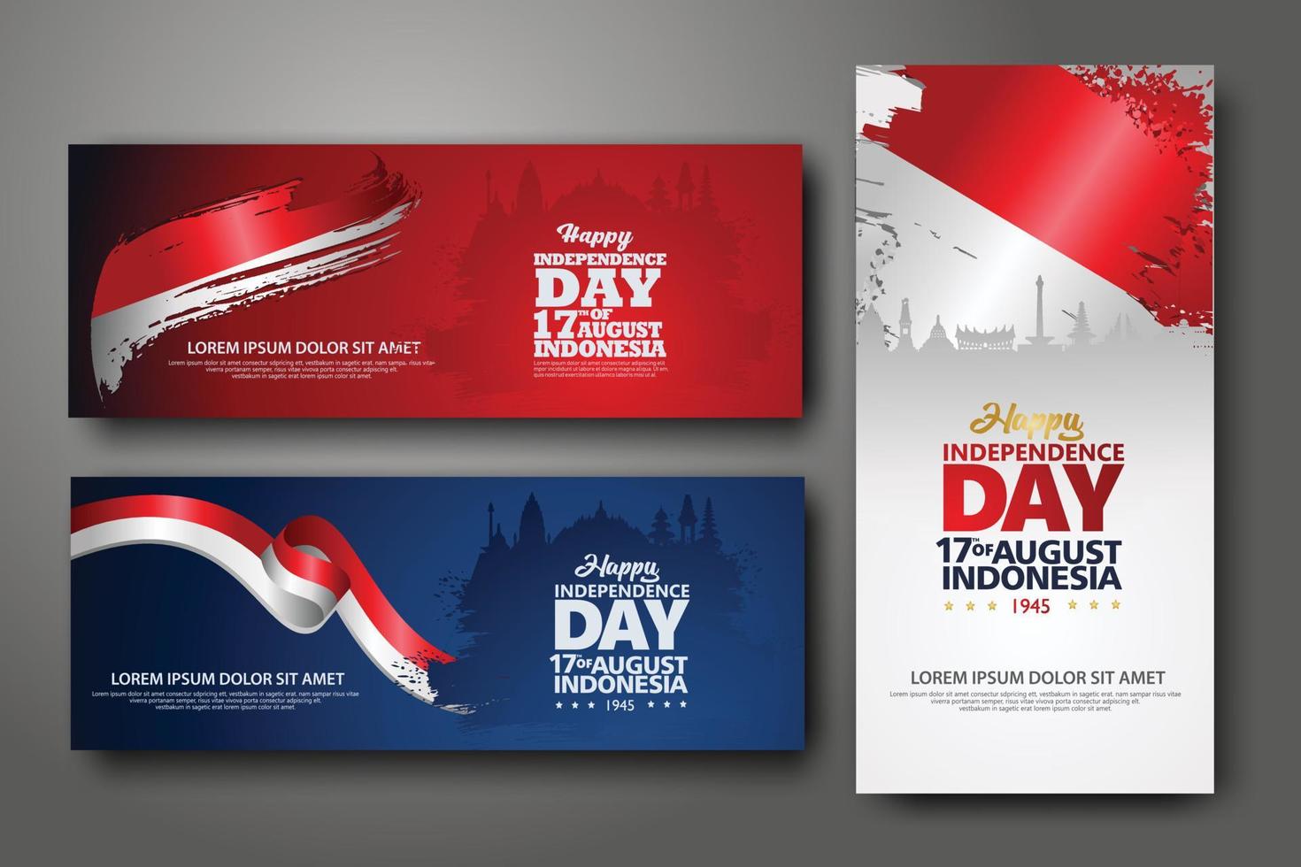 Indonesian Independence day celebration banner set. 17th of August felicitation greeting vector illustration. modern backgrounds with grunge style indonesian flag and silhouette icon city of indonesia