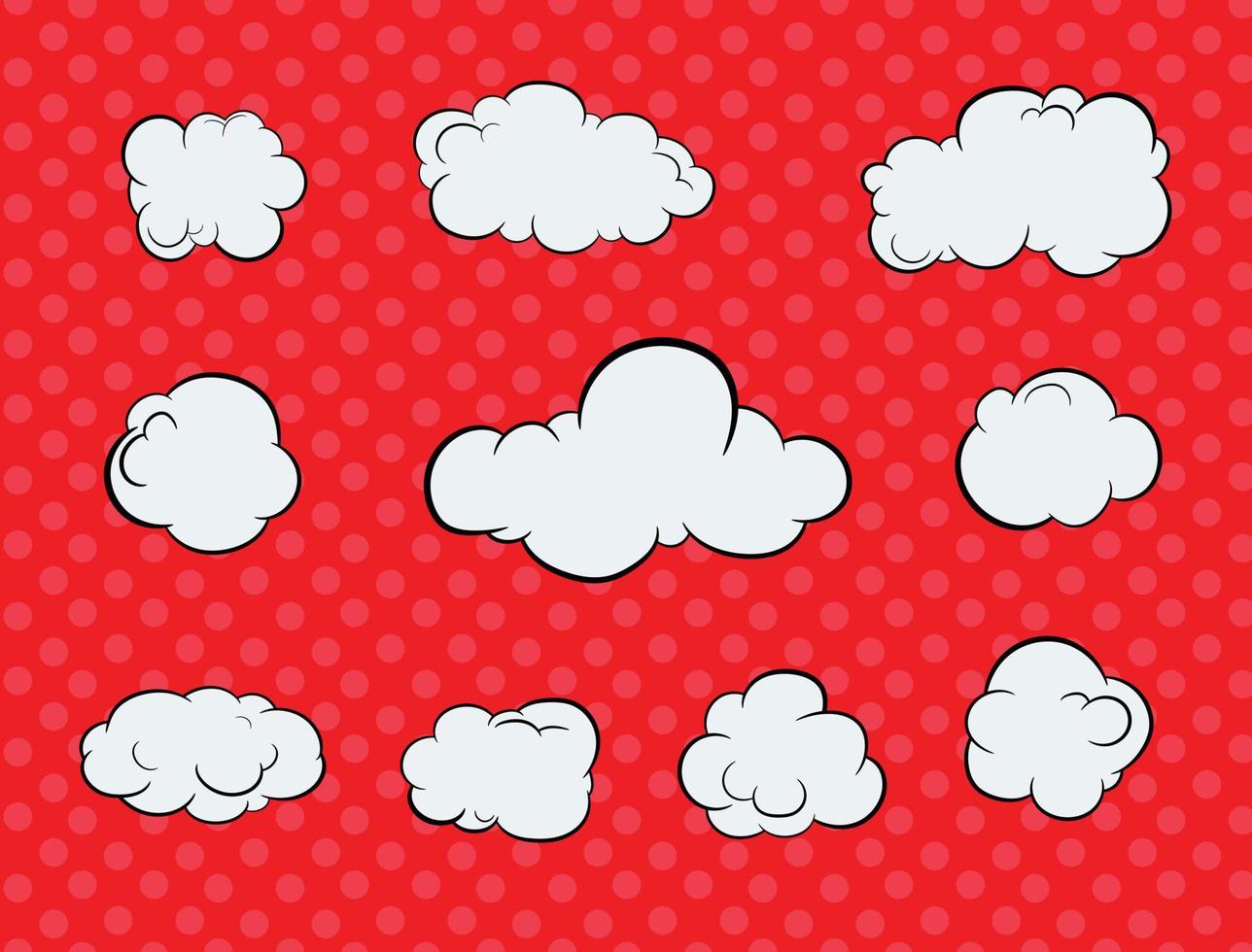 nubes blancas esponjosas se empaquetan en diferentes formas y tamaños sobre fondo rojo punteado vector