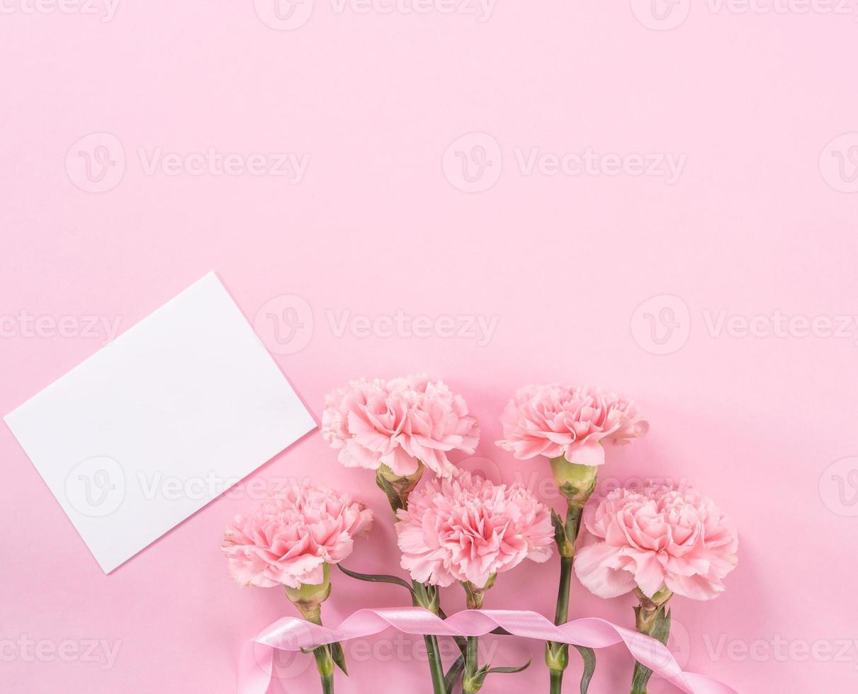 hermosos claveles tiernos de color rosa bebé frescos y florecientes aislados en un fondo rosa brillante, concepto de diseño de gracias del día de la madre, vista superior, capa plana, espacio de copia, primer plano, maqueta foto