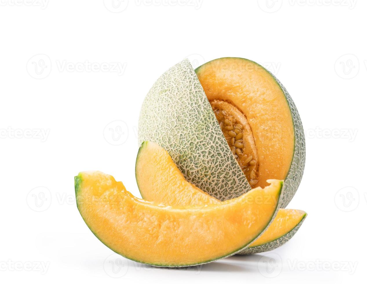 Close up, clipping path, cut out. Beautiful tasty sliced rock cantaloup melon isolated on white background photo