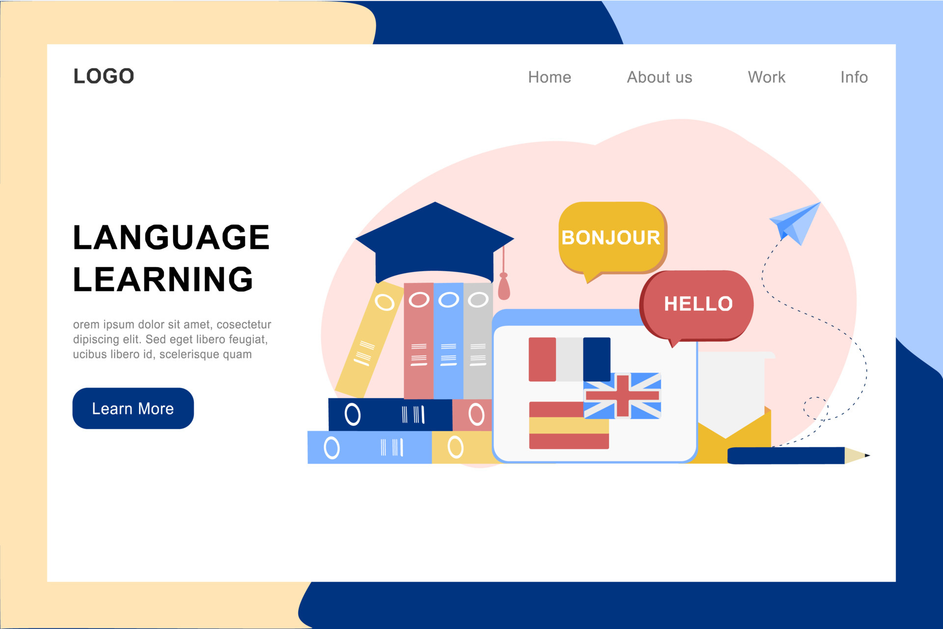 Modern 3D online languages learning class, language courses banner