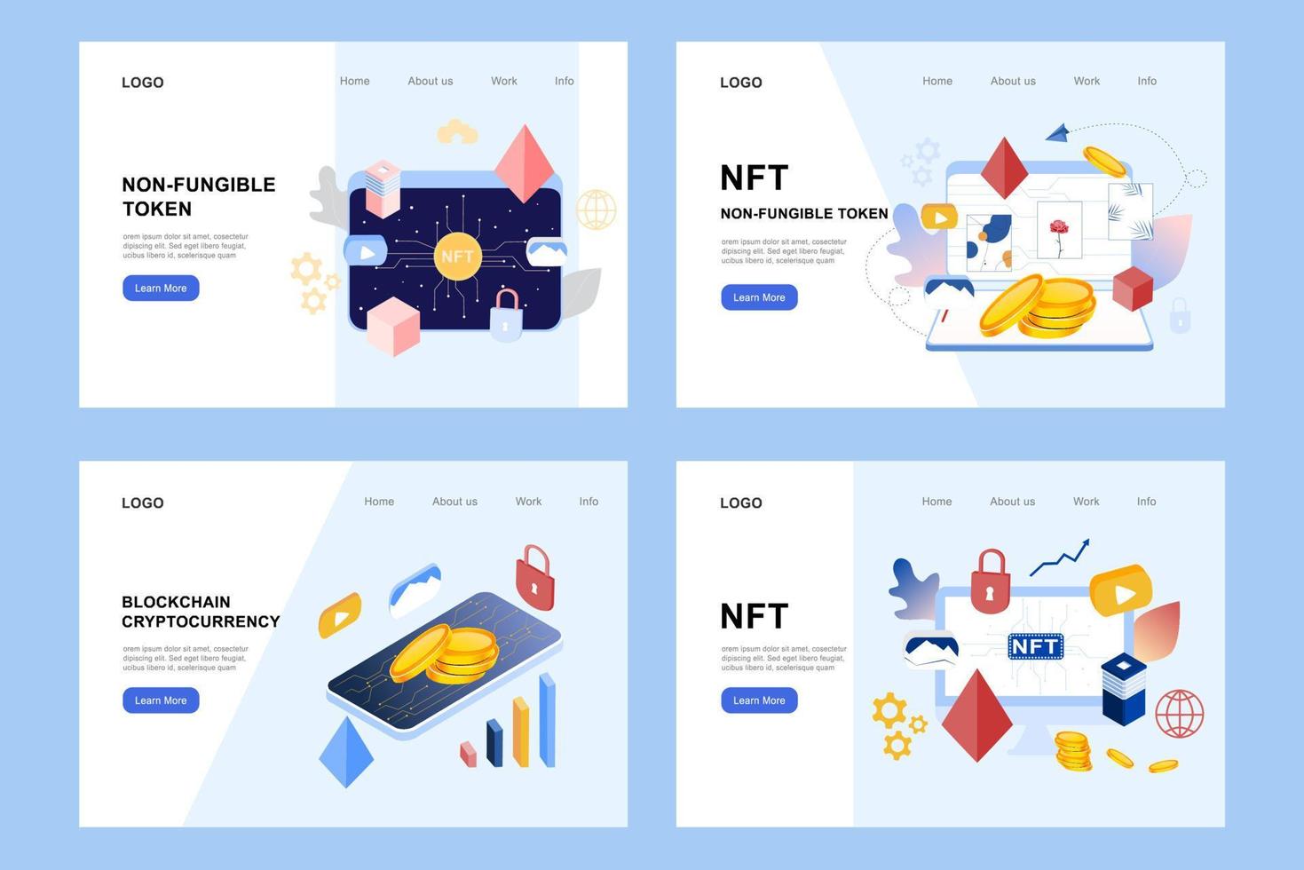 NFT non fungible token infographic with lines and dots network. Pay for unique collectible video, game, art. Isometric vector illustration of NFT with blockchain technology for web banner template set