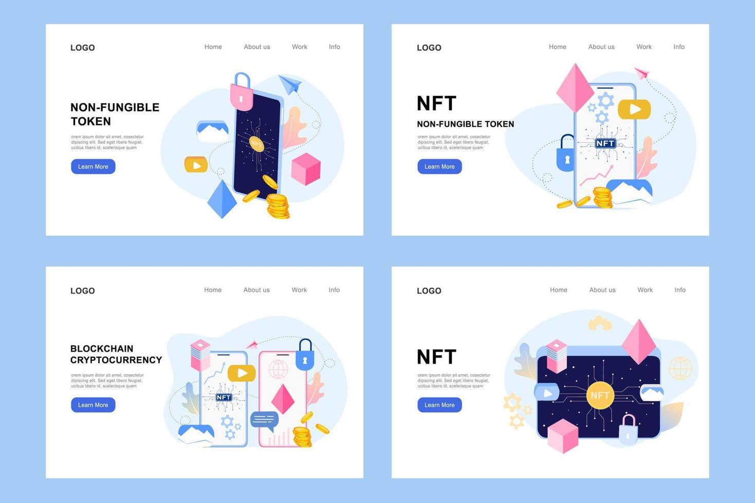 Infografía de token no fungible nft con red de líneas y puntos. pague por videos, juegos y obras de arte coleccionables únicos. ilustración vectorial isométrica de nft con tecnología blockchain para conjunto de plantillas de banner web vector