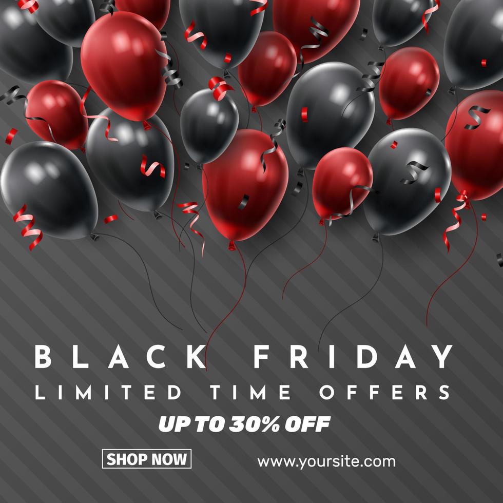 Black Friday Sale Poster with Shiny Balloons on Black and White Background. Universal vector background for poster, banners, flyers, card. vector illustration