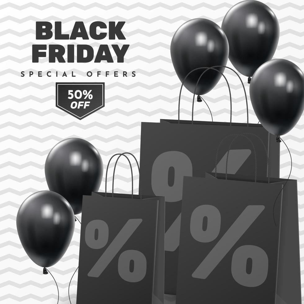 Black Friday Sale Poster with Shiny Balloons on Black and White Background. Universal vector background for poster, banners, flyers, card. vector illustration