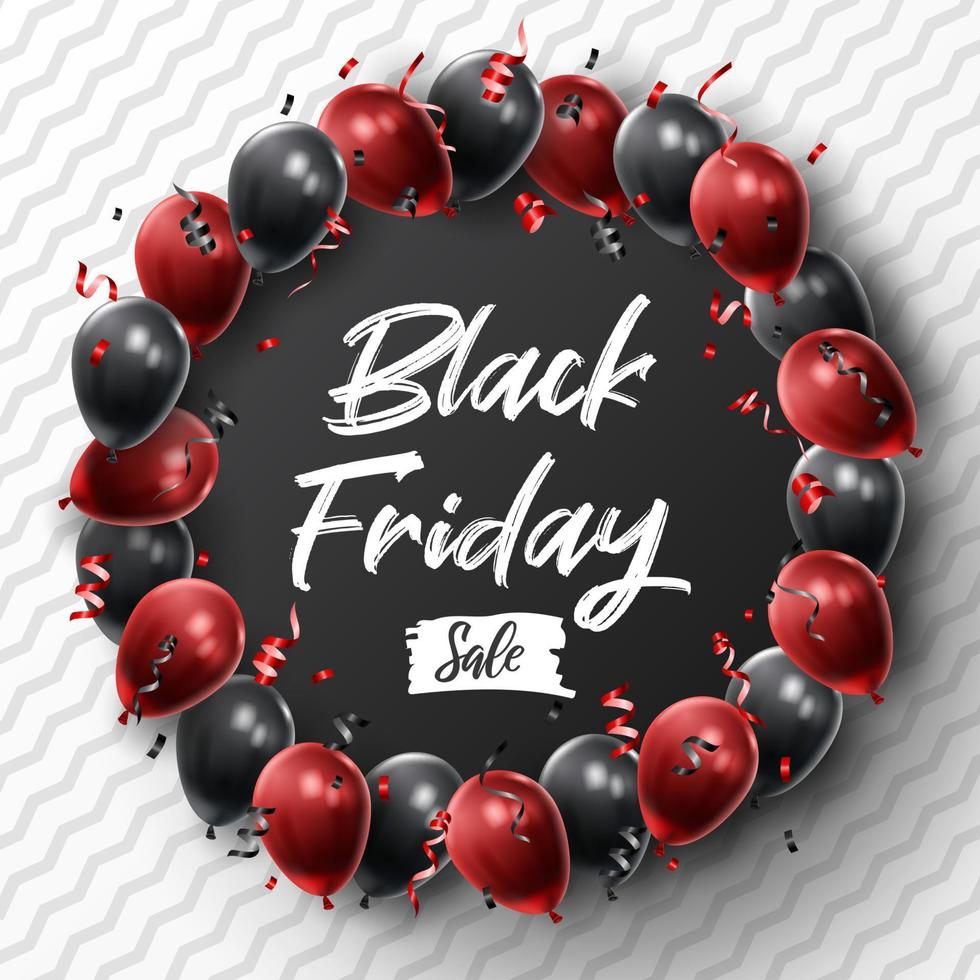 Black Friday Sale Poster with Shiny Balloons on Black and White Background. Universal vector background for poster, banners, flyers, card. vector illustration