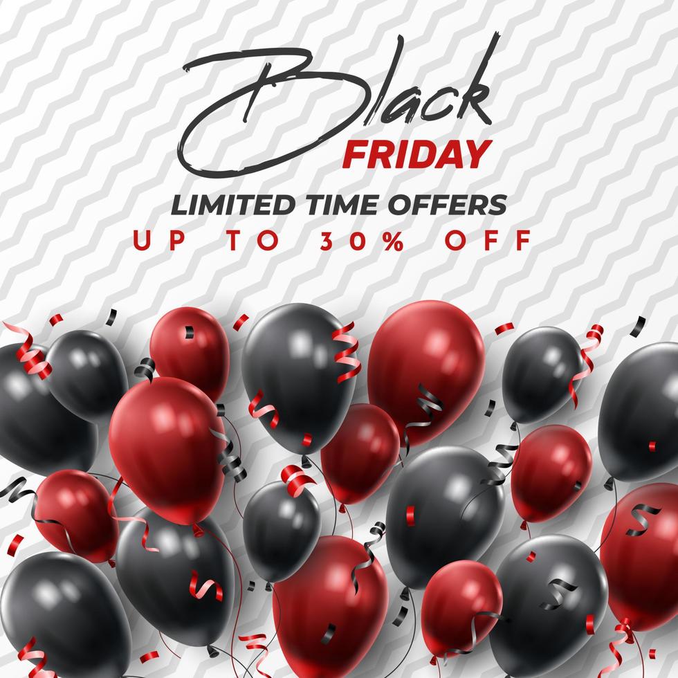 Black Friday Sale Poster with Shiny Balloons on Black and White Background. Universal vector background for poster, banners, flyers, card. vector illustration