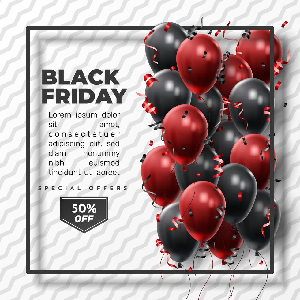 Black Friday Sale Poster with Shiny Balloons on Black and White Background. Universal vector background for poster, banners, flyers, card. vector illustration