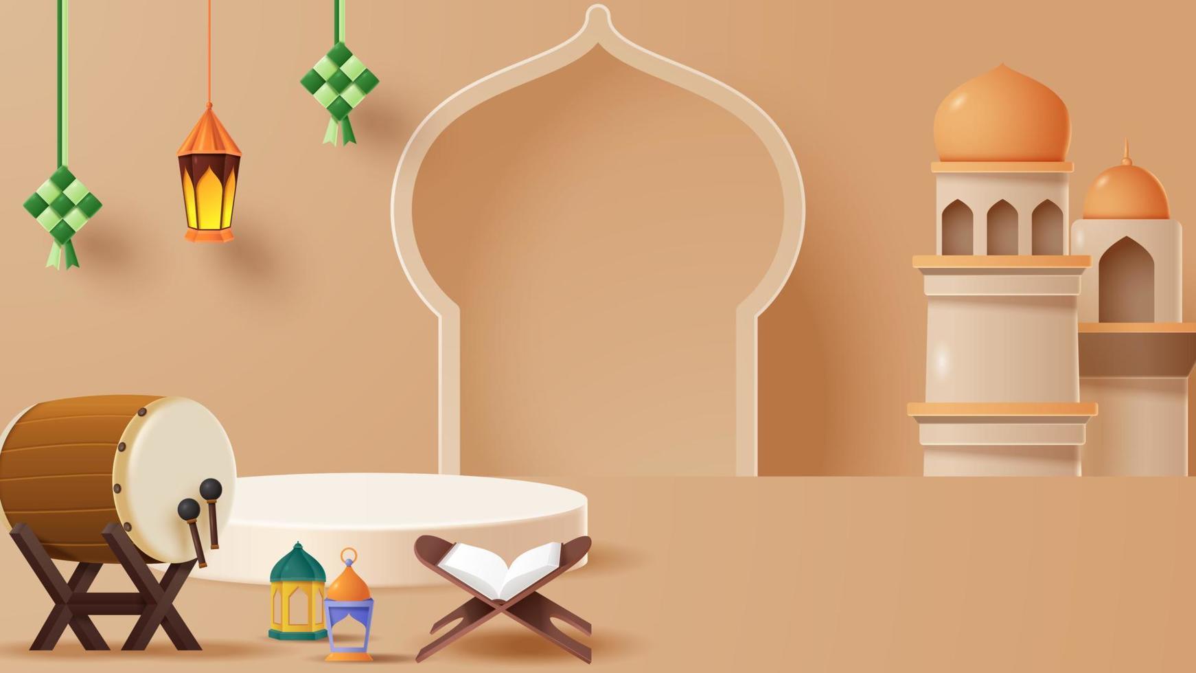 Islamic display podium decoration background with islamic ornament. Vector 3D Illustration